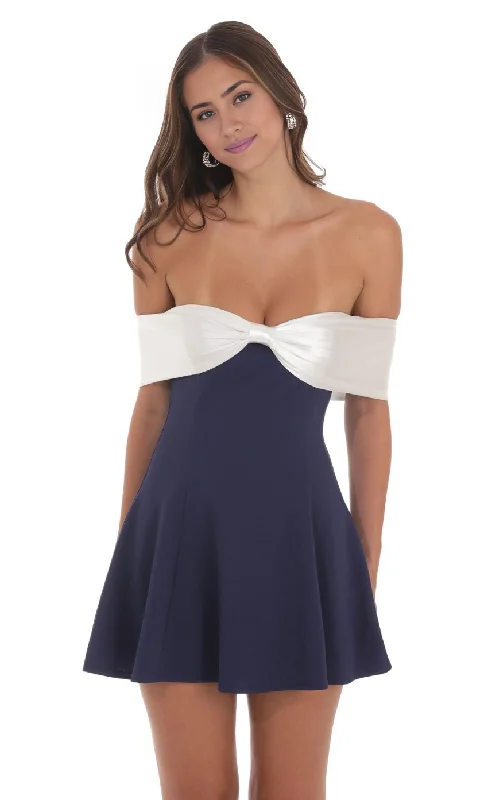 Satin Front Bow Off Shoulder Dress in Navy Homecoming Dress