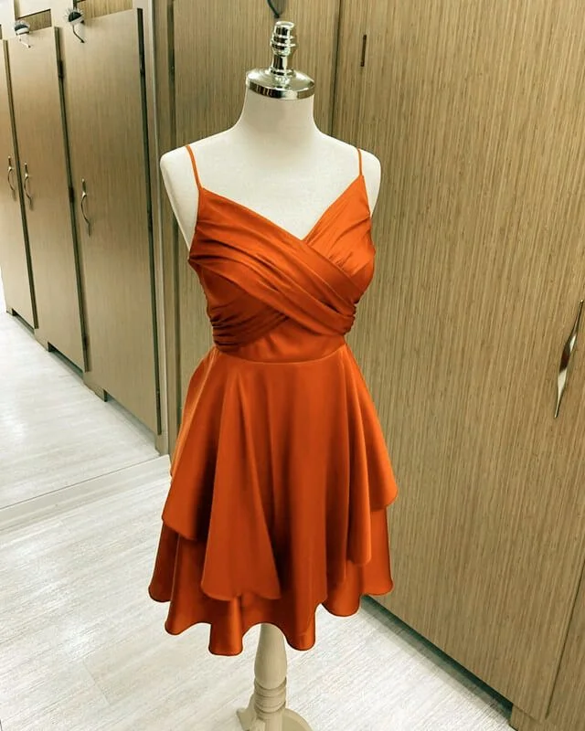 Short Burnt Orange Satin Homecoming Dresses V-neckS     S2658