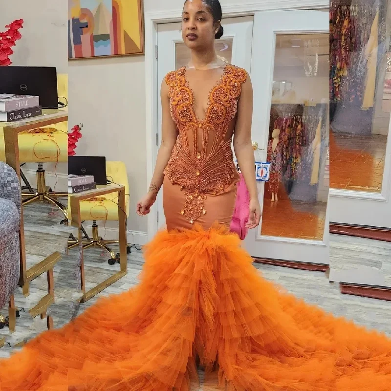 High Slit Orange Long Prom Dress for Black Girls Beaded Rhinestones Ruffles Women Party Gala Gown