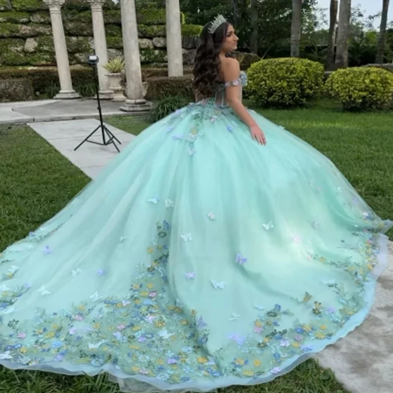 Light Green Quinceanera Dress Ball Gown 3D Butterfly Applique Beading Tull Corset