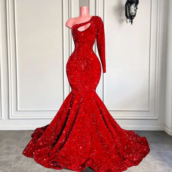 arabic prom dresses, sequins prom dresses, one shoulder prom dresses, red evening dresses      S1961