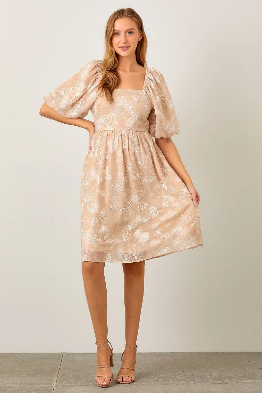 Beige Floral Embroidered Short Puff Sleeve Dress