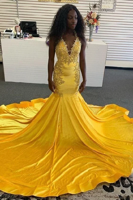 black girl slay this mermaid yellow formal dress with open back     S1675