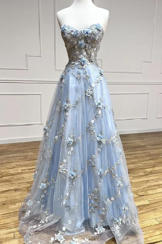 Blue lace appliqué long prom dress A line evening dress     S2221