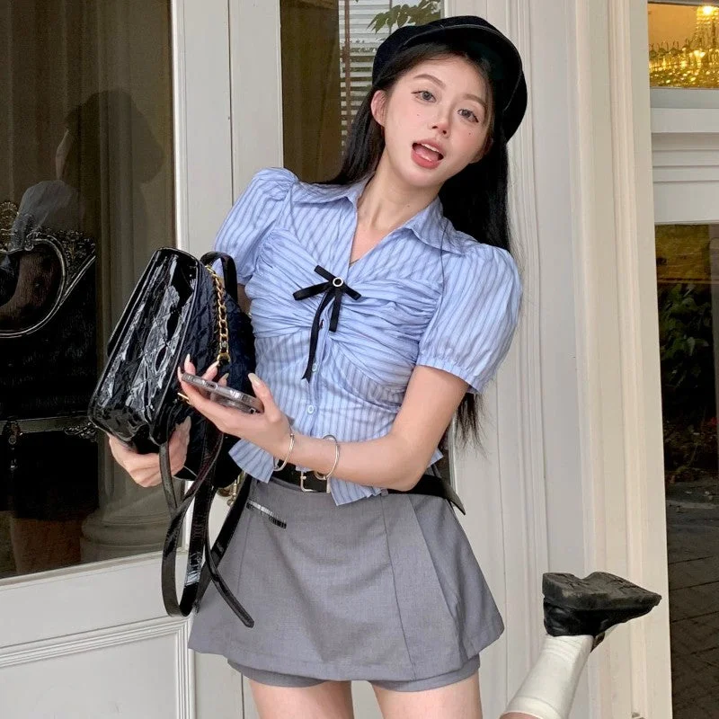 Blue Short Sleeve Striped Shirt+Grey Skirt PL53436