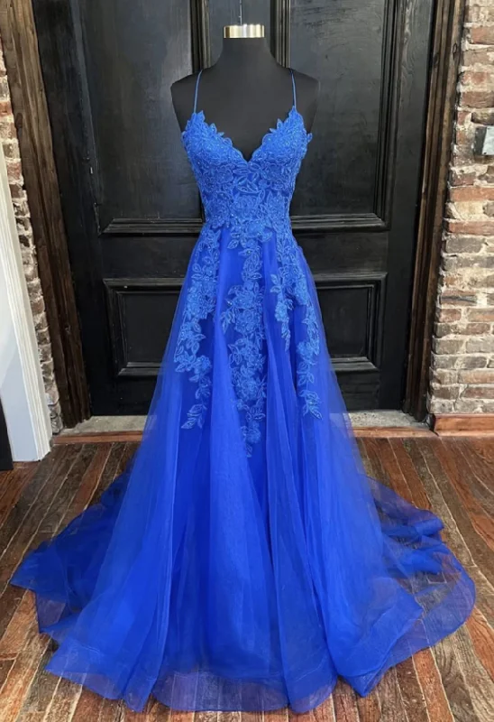 Blue v neck tulle lace long prom dress, blue tulle formal dress     S1975