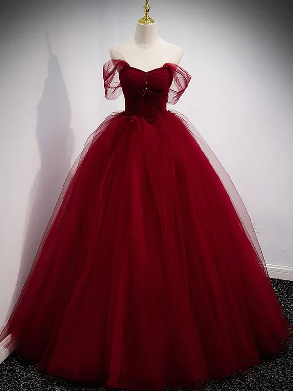 Burgundy Sweetheart Tulle Long Prom Dress, Burgundy Evening Dress     S1895