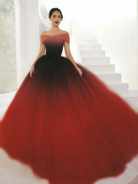 Burgundy Tulle Long Ombre Prom Dress, Burgundy Evening Dress     S1896