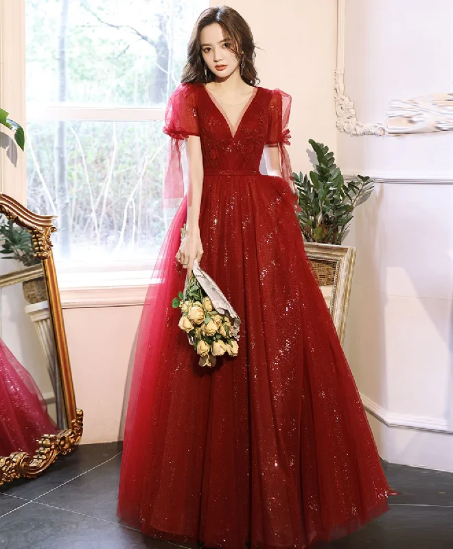 Burgundy V Neck Tulle Lace Long Prom Dress Burgundy Formal Dress   S2279