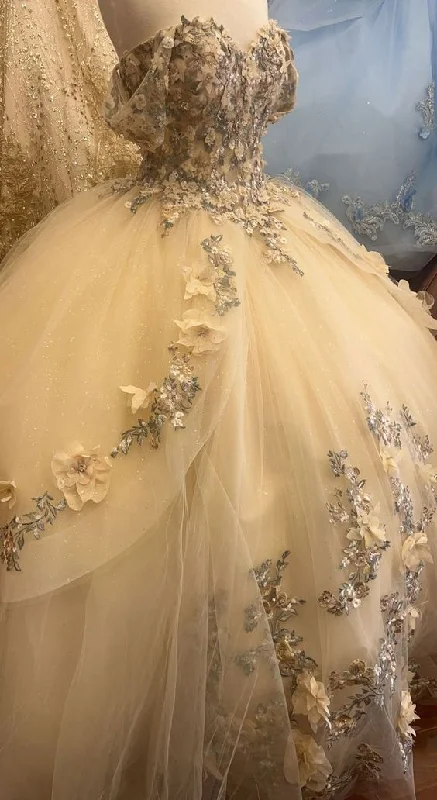 Champagne quince dress with flowers corest sweet16 dress off the shoulder ball gown    S2316