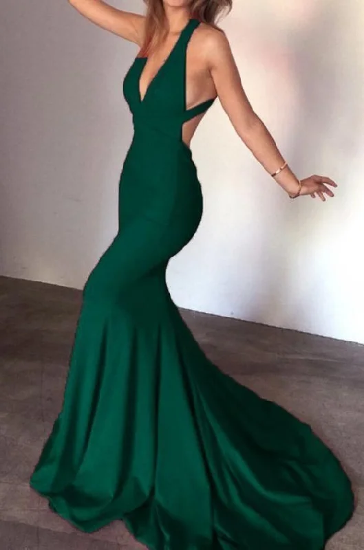 Dark Green Prom Dress, Mermaid Halter Evening Gowns     S2202