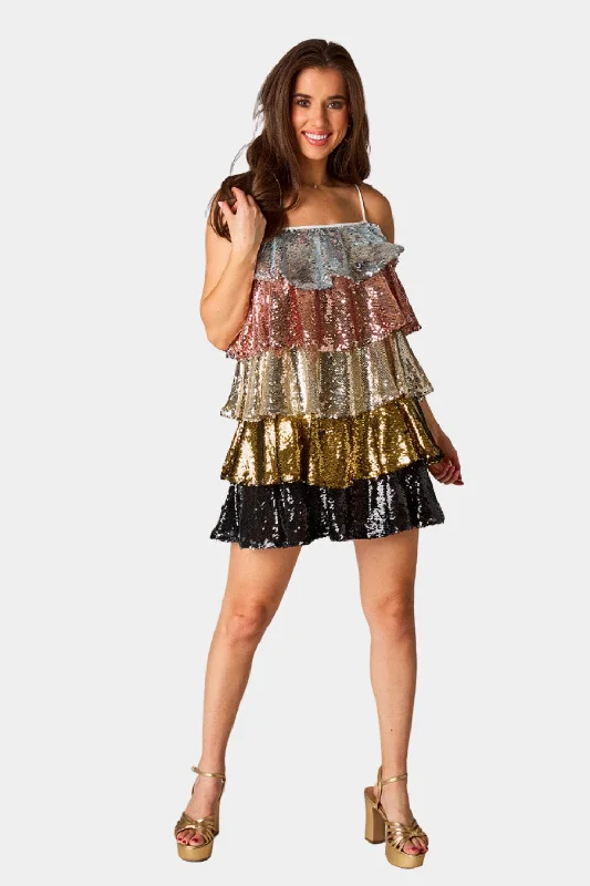 Disco Tiered Sequin Short Dress - Glamour