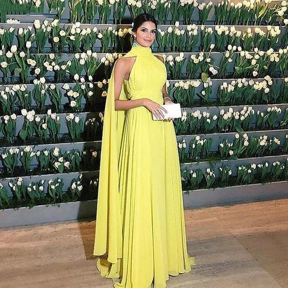 Formal Long Prom Dresses Women Elegant Sleeveless Chiffon High Neck Cape Yellow Evening Party Gowns     S2160