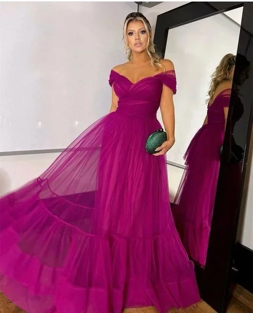 Fuchsia Evening Dresses with Pleats A Line Off Shoulder Lace Up Back Evening Dresses    S1953