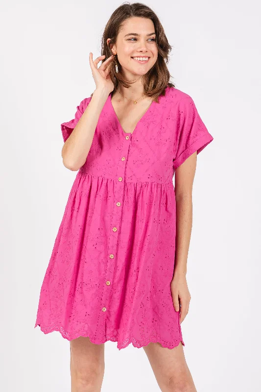 Fuchsia Eyelet Button Front Short Sleeve Dress