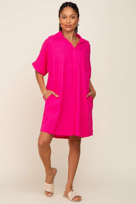 Fuchsia Linen Collared Front Pocket Short Sleeve Dress