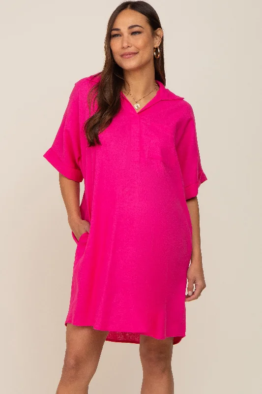 Fuchsia Linen Collared Front Pocket Short Sleeve Maternity Dress