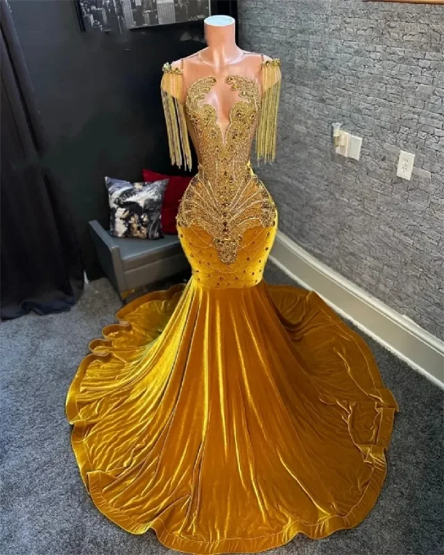 Gold O Neck Evening Dresses For Black Girls Beaded Crystal Birthday Party Gowns Mermaid Tassel Long Prom Dresses Robe De Bal