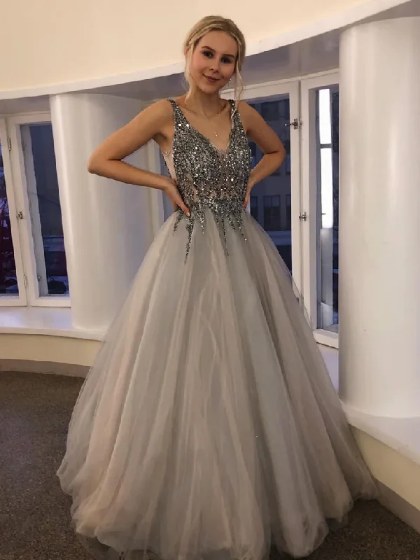 Gorgeous V Neck Beaded Silver Grey Long Prom Dresses, Silver Grey Beaded Formal Graduation Evening Dresses      S1091