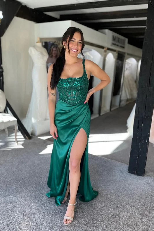 Green Appliques Straps Mermaid Formal Dress