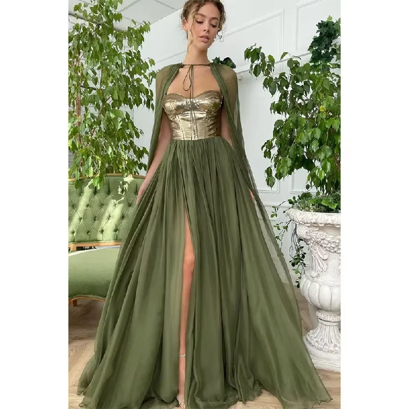 Green Organza High Split Evening Dress Cap Sweep Train Strapless Special Occasion Pretty Women Prom Dresses Formal Party Gown