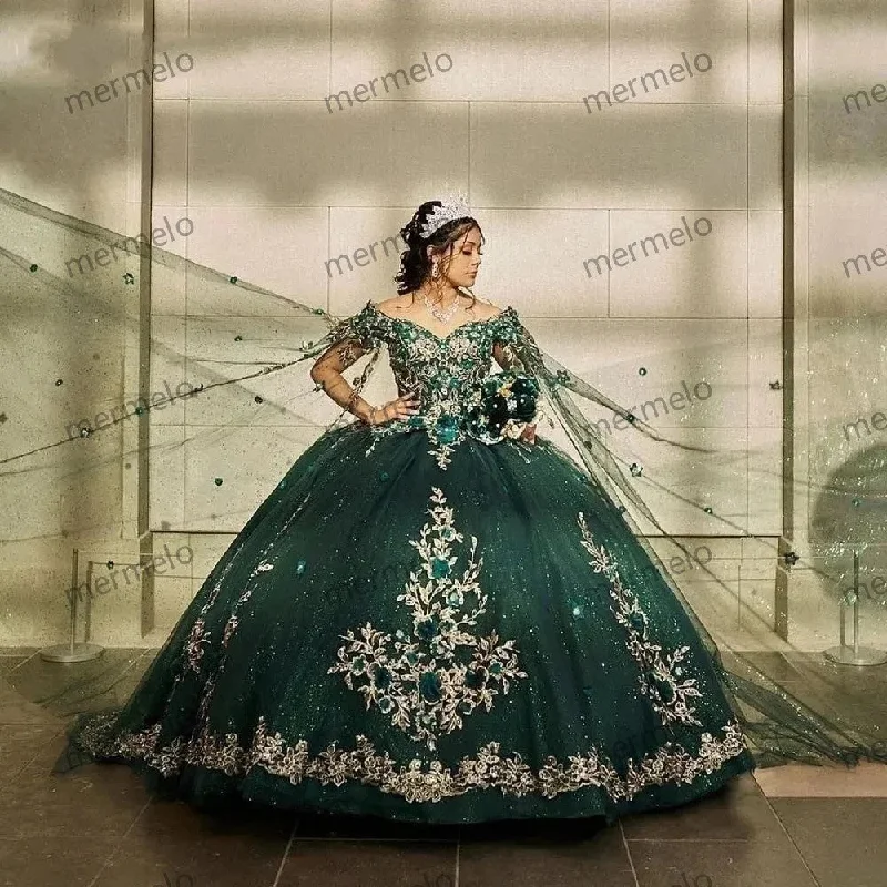 Green Quinceanera Dresses With Cape Gold 3D Flowers Beading Lace