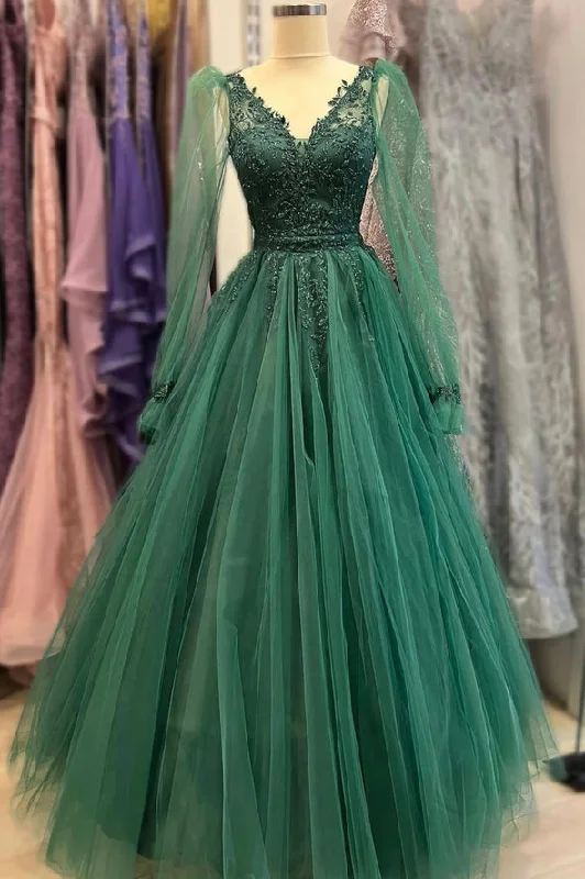 Green tulle beads V Neck long Sleeve prom dress green evening dress    S2004