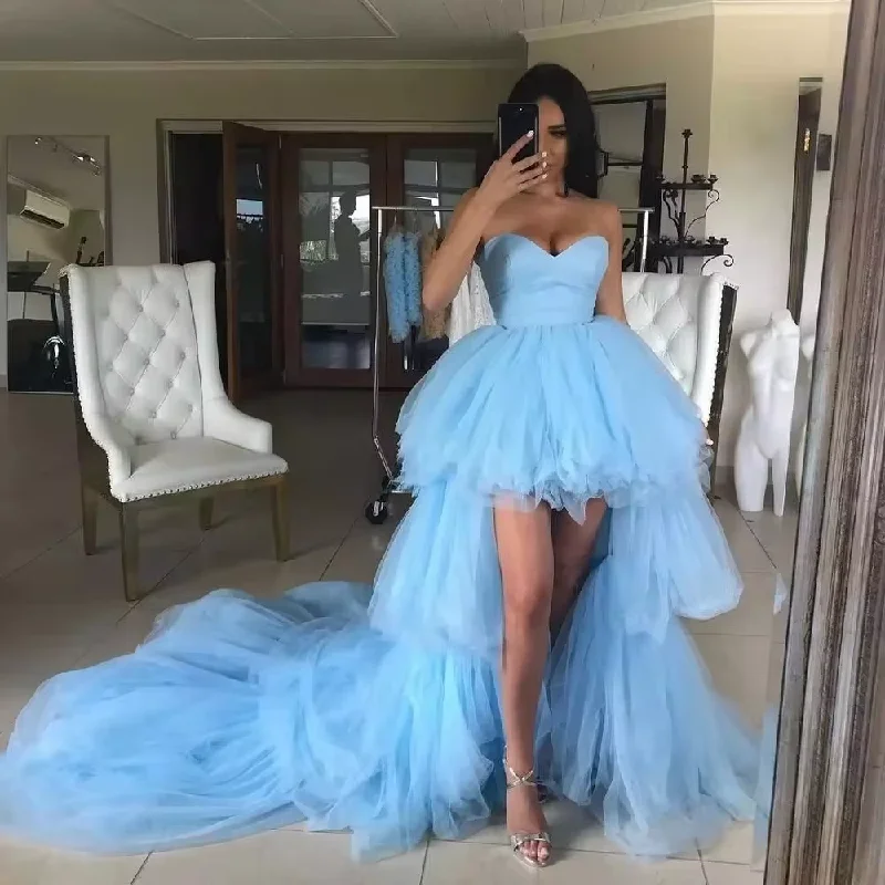 High Low Prom Dresses Sweetheart Ruffles Light Blue Tulle Short Front Long Back Party Dresses Graduation Evening Gowns