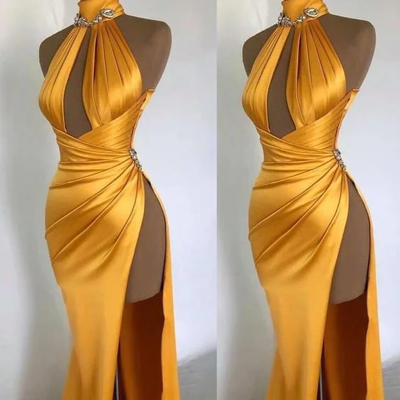 High Neck Yellow Evening Dresses Sexy Mermaid Beaded Elegant Formal Evening Gown    S1099