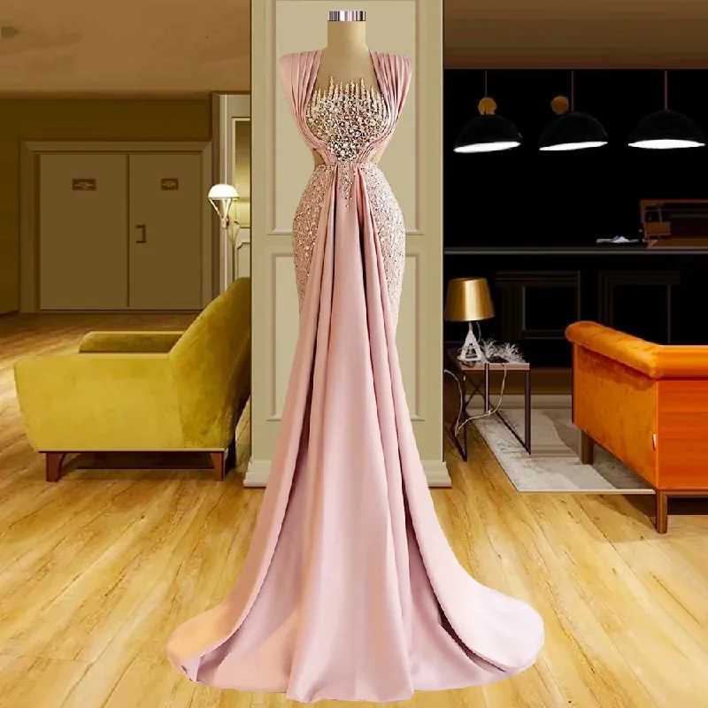 Hot Pink Beaded Party Gowns Arabic Long Wedding Night Evening Dresses Custom Made For Women Prom Celebrity Dresses Robe Soiree