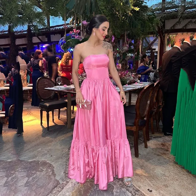 Hot Pink Silk Evening Dress Sexy Strapless A-line Prom Dress 2024 Wedding Banquet Party Dress Dinner Night Gown