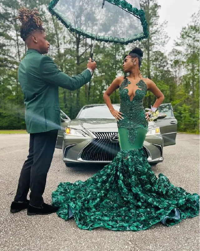 Hunter Green Rose Long Prom Dresses For Black Girls 2024 Luxury Crystal Beaded African Birthday Queen Gown vestidos de noche