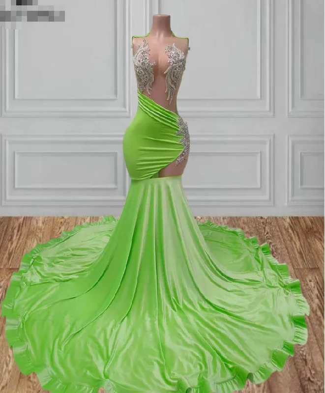 Illusion Fluorescent Green Beaded Applique Mermaid Prom Dresses For Black Girl Gorgeous Luxury Evening Dress Wedding Party Gown