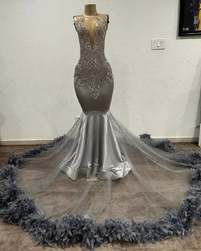 Ivy Silver Diamond Mermaid Evening Birthday Gala Dresses for Black Girl Sparkly Feather Crystal Prom Ceremony Party Foraml Dress