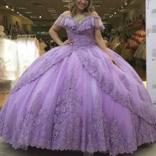 Lavender Off the Shoulder Quinceanera Dresses Beaded Prom Party Sweet 15 Dress     S1634