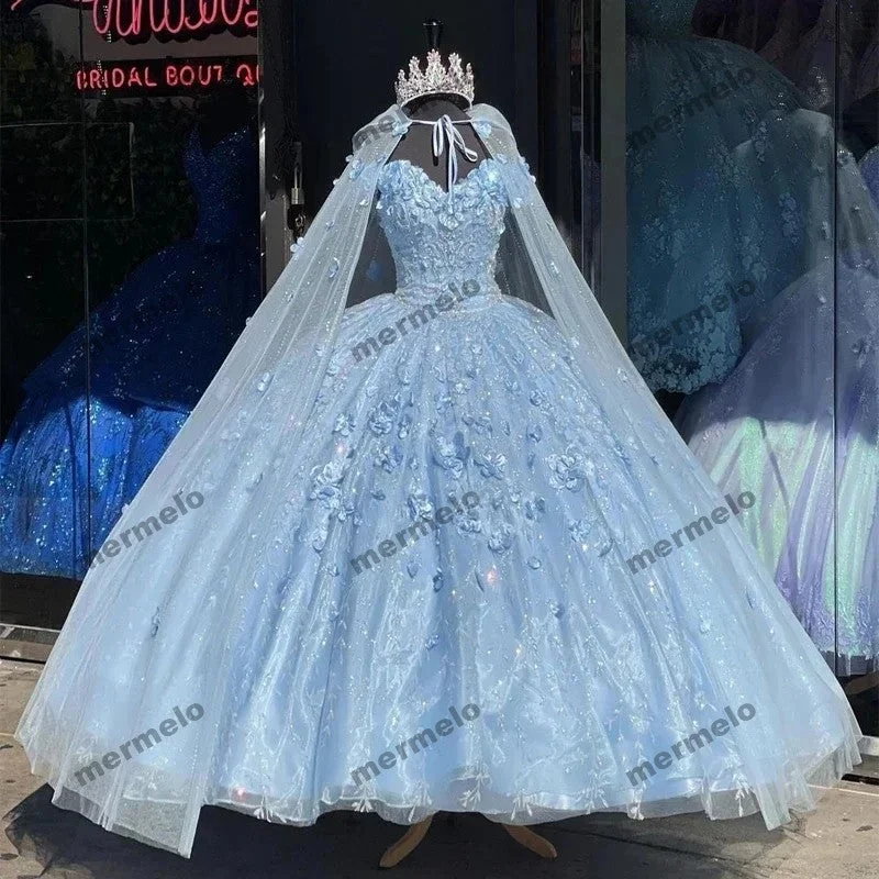 Light Blue 3D Flower Off Shoulder Quinceanera Dresses With Cape