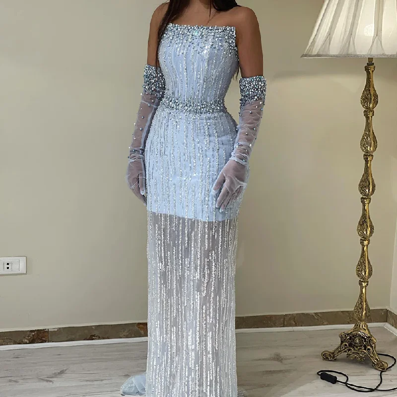 Light Blue Pearls Luxury Dubai Evening Dresses Elegant Strapless Arabic Women Wedding Party Formal Gowns