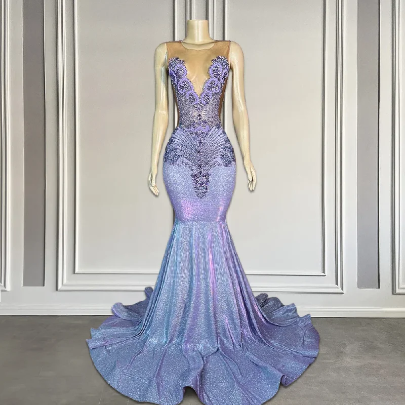 Light Purple Rhinestones Sheer O Neck Prom Dresses Luxury Glitter Lilac Long Black Girls Prom Gala Gowns 2024