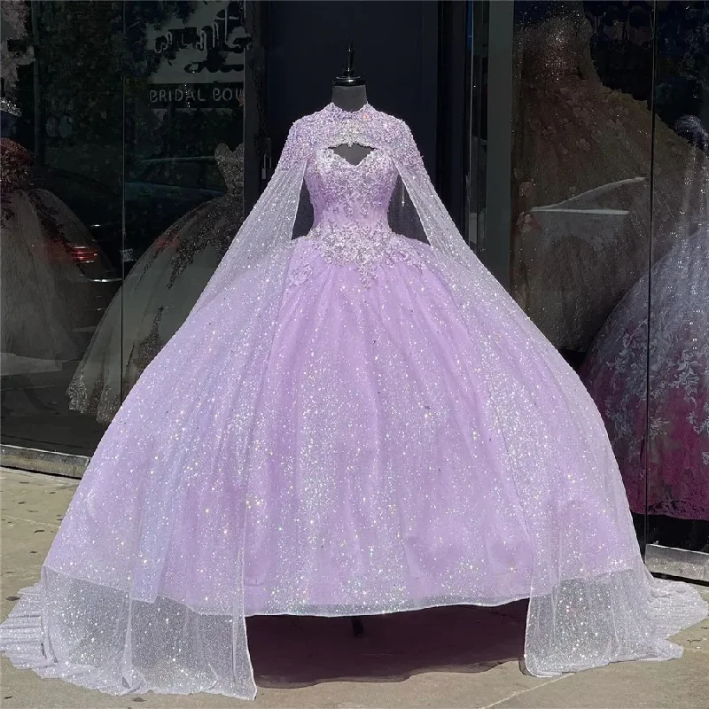 Lavender Princess Quinceanera Dresses with Cape Sweetheart Beaded Applique Lace-up Corset Prom Vestidos de 15 quinceañera