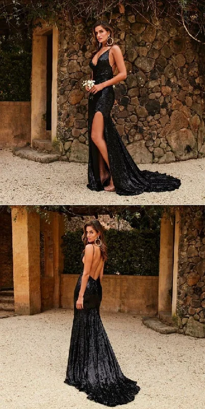 Long Prom Dresses with Slit, Black Prom Dresses Mermaid, Sparkly Halter Prom Dresses      S1584