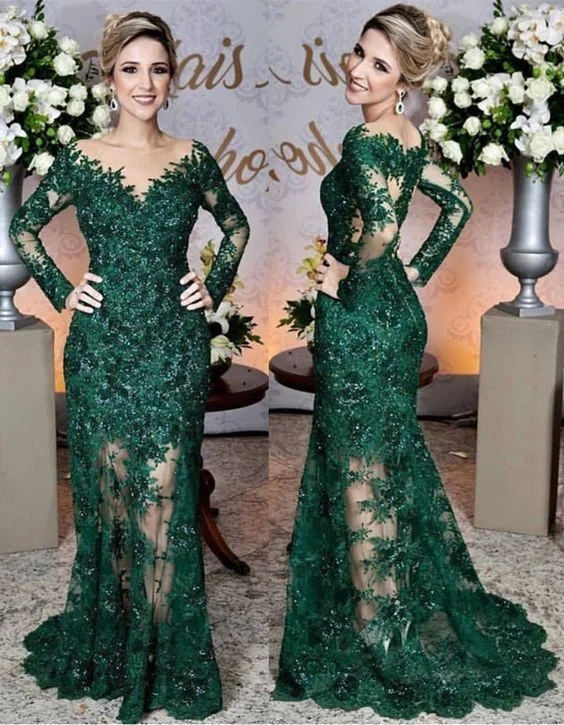 Long Sleeves Lace Mermaid Prom Dresses See Through Evening Gowns    S2110