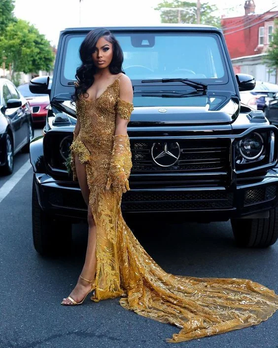 Mermaid Gold Sequin Long Black Girl Prom Dress Slit Formal Dress