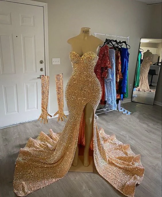 Mermaid Sleeveless Gold Sequined Prom Dress    S1578