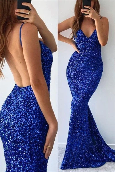 MERMAID V-NECK SPAGHETTI STRAP SEQUINED FLOOR-LENGTH SLEEVELESS PROM DRESS    S1813