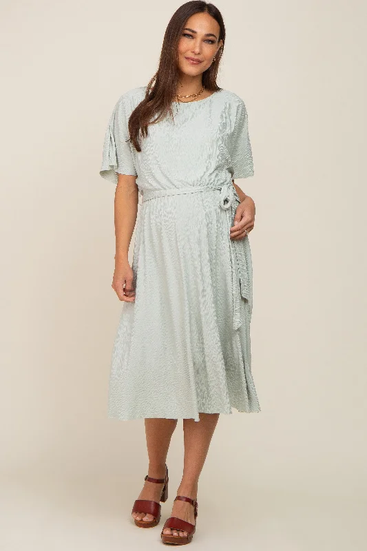 Mint Green Crinkle Knit Tie Waist Short Sleeve Maternity Dress