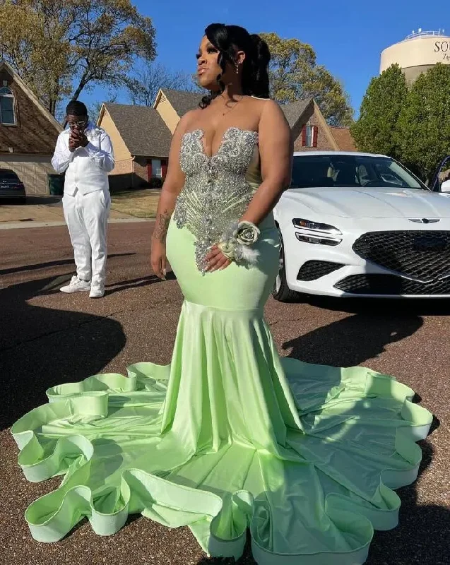 Mint Green Sparkly Mermaid Prom Ceremony Formal Dresses for Black Girl Luxury Diamond Evening Birthday Gala Dress Plus Size