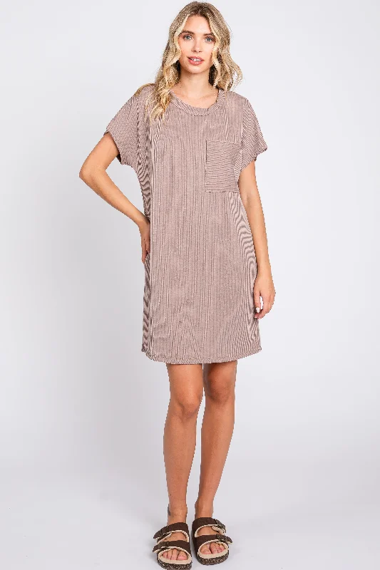 Mocha Ribbed Front Pocket Dolman Short Sleeve Dress