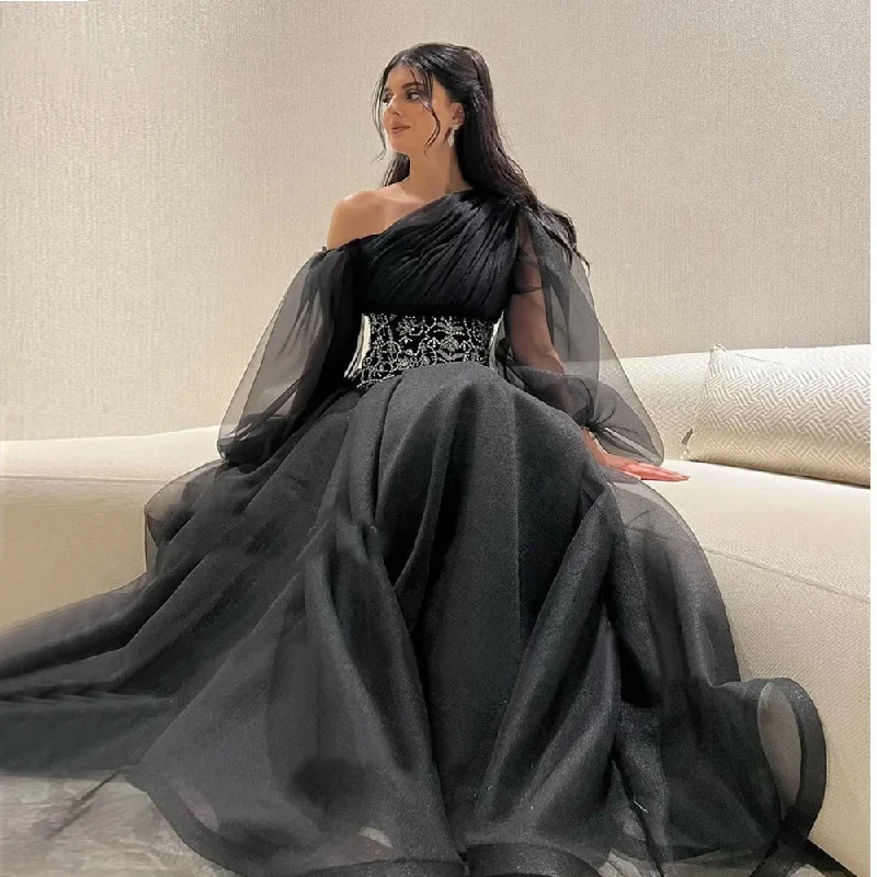 Modern Dubai Arabic Women Black Evening Dresses Organza Puff Long Sleeves Crystal Belt Prom Gowns Formal Party Gown