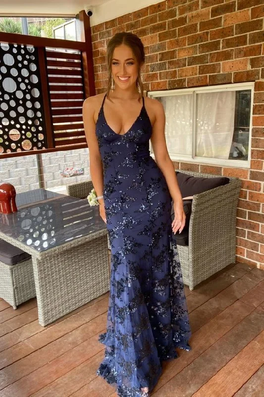 navy blue mermaid tulle and sequins long formal prom dress with v neckline and lace up back   S1564