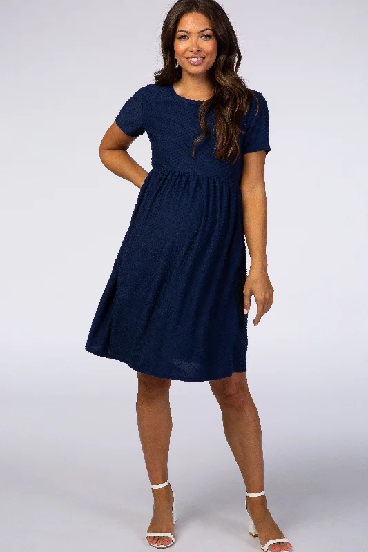 Navy Swiss Dot Short Sleeve Maternity Dress